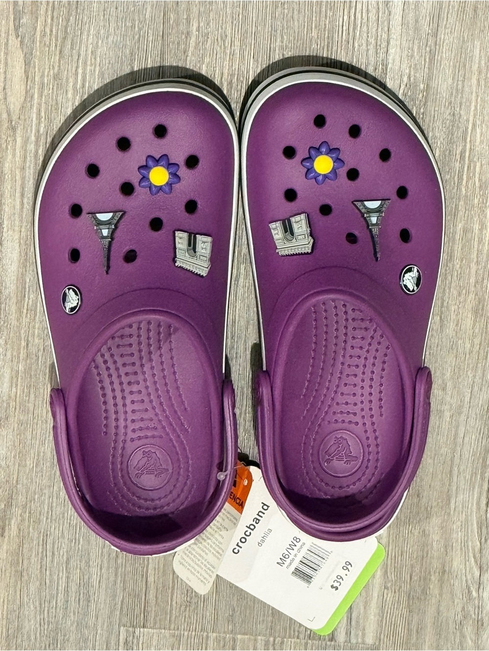 CROCS women’s Purple Classic Clog with Flower & Paris Charms